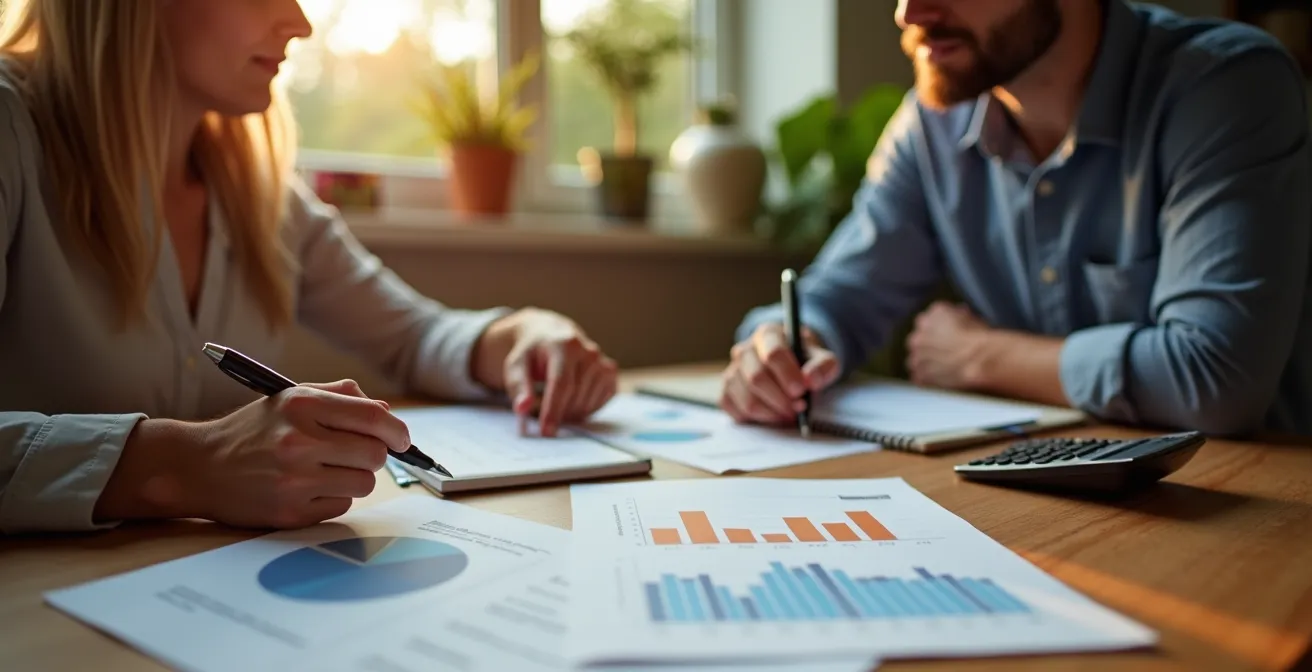 Coppia che pianifica il budget mensile con documenti finanziari sul tavolo