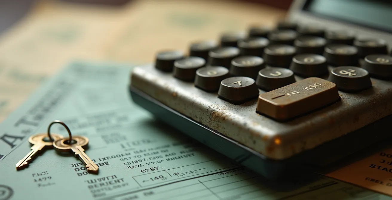 Calcolatrice vintage su documenti fiscali con chiavi di casa