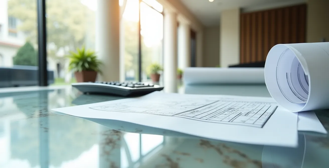 Ambiente minimalista con documenti finanziari e calcolatrice per valutazioni fiscali