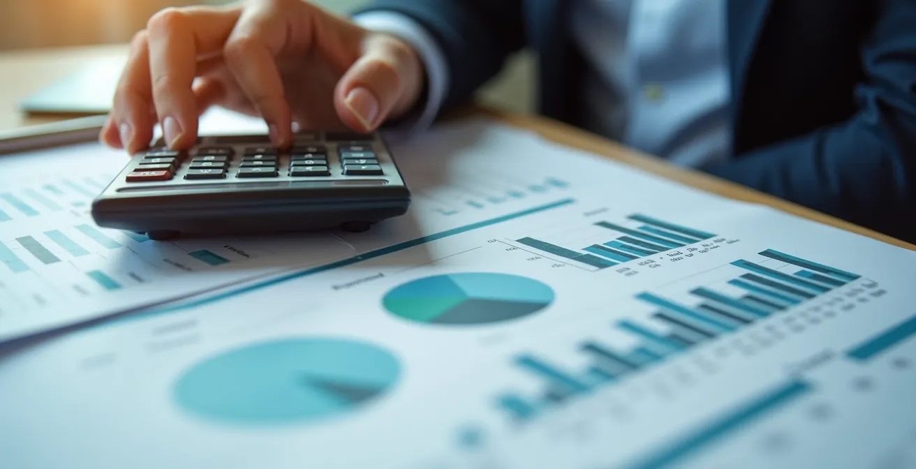 Mani che tengono calcolatrice con documenti finanziari e grafici su tavolo