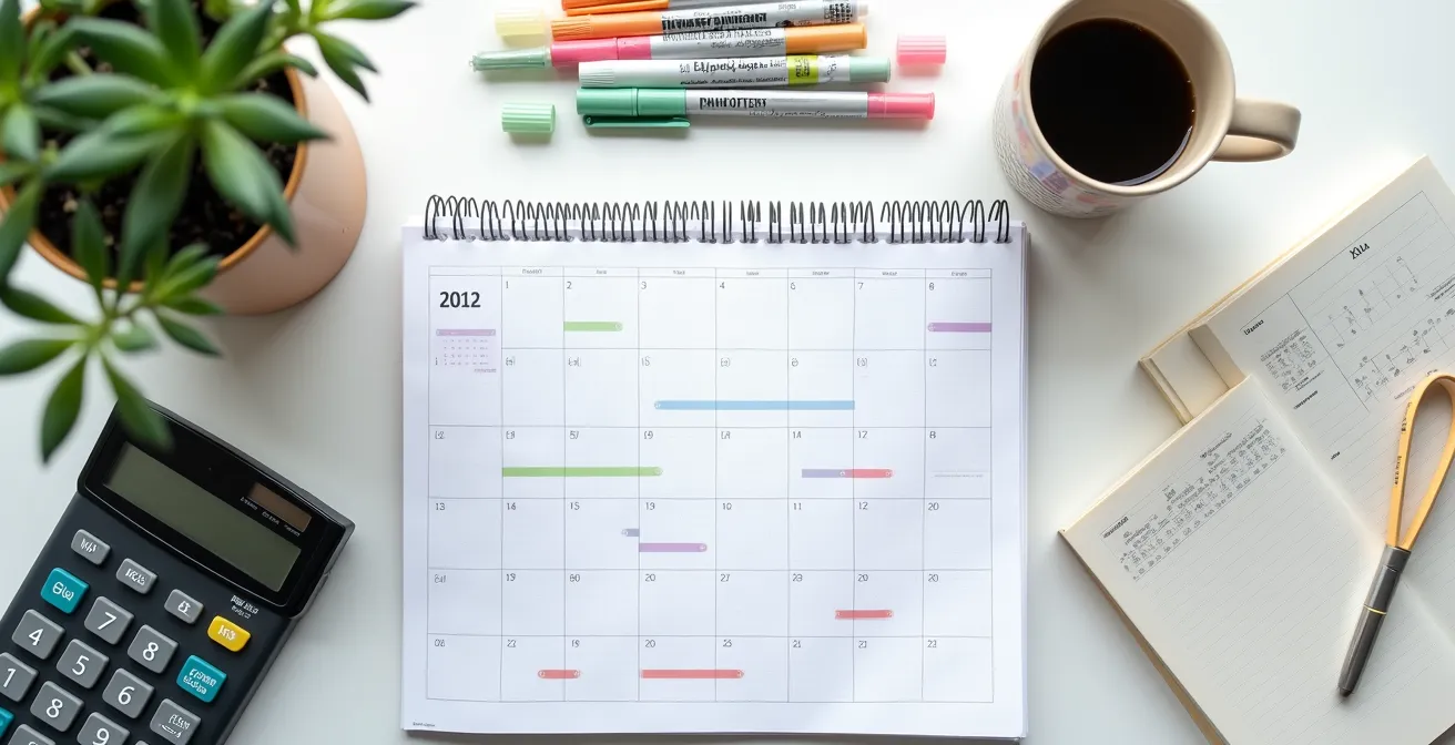 Vista dall'alto di calendario con evidenziatori e calcolatrice su scrivania italiana