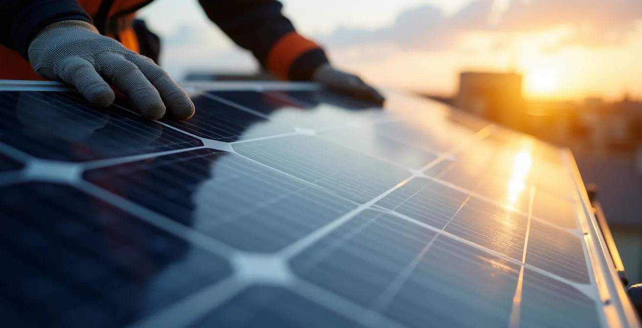 Operai installano pannelli solari sul tetto di casa in ristrutturazione