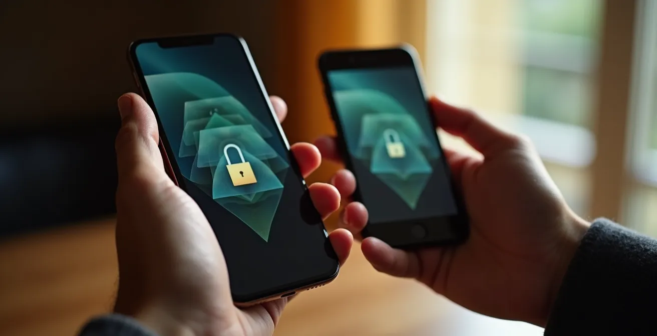 Mani che tengono due telefoni, uno mostra un lucchetto digitale astratto