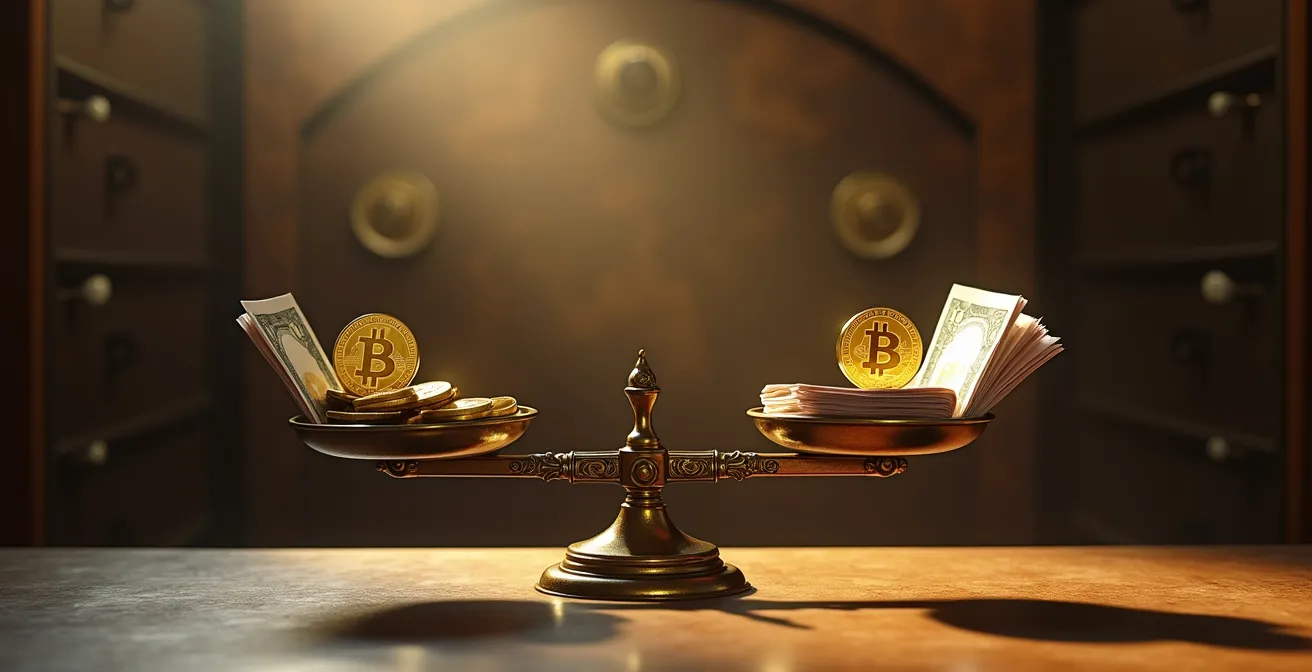 Una bilancia antica mostra come la tassazione agevolata dei BTP equilibri un rendimento lordo inferiore rispetto a un conto deposito.