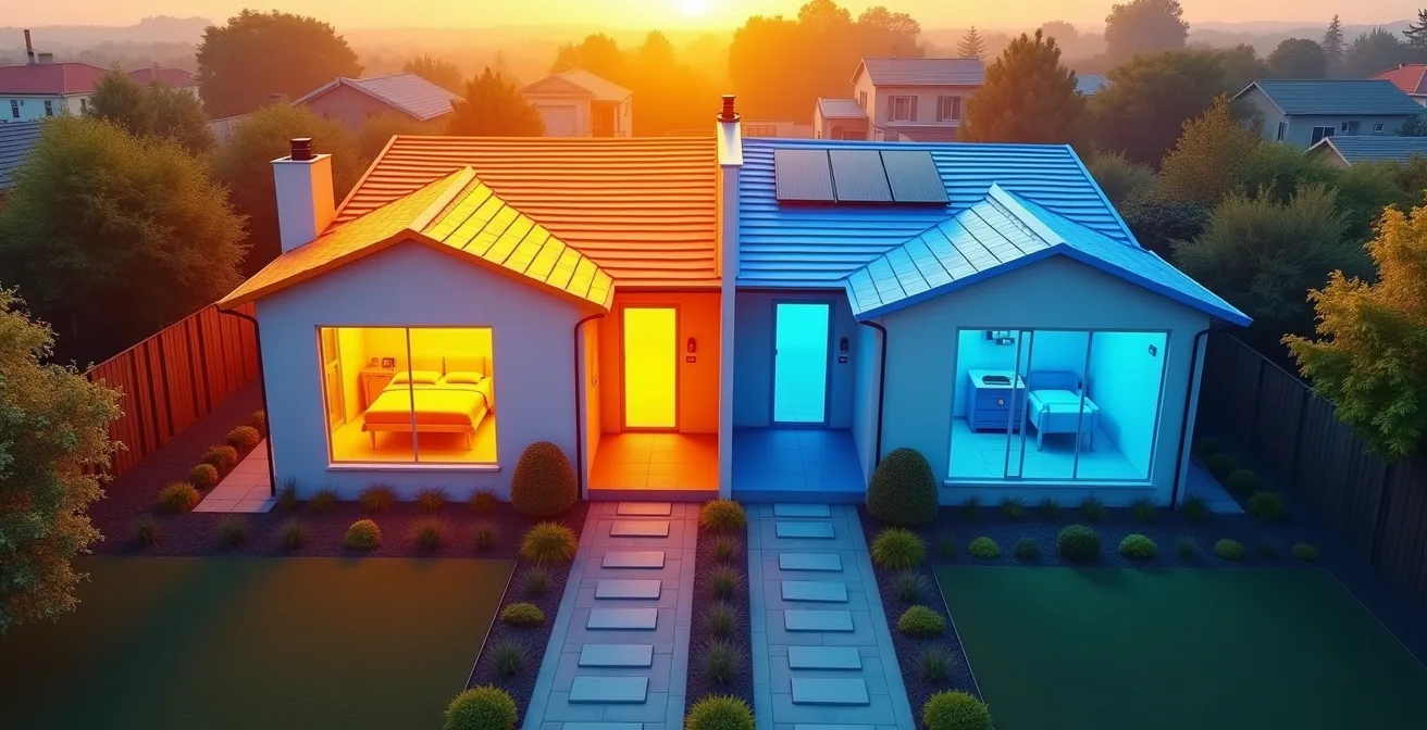 Vista aerea di due case affiancate con visualizzazione termica differente