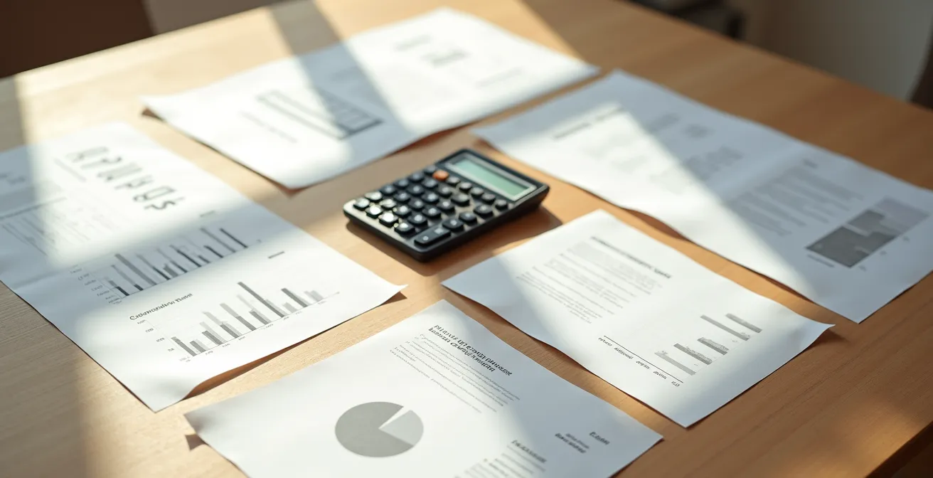Vista dall'alto di scrivania con calcolatrice, grafici comparativi e documenti di mutuo