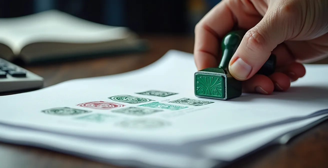 Mani che organizzano documenti finanziari con timbro di approvazione visibile