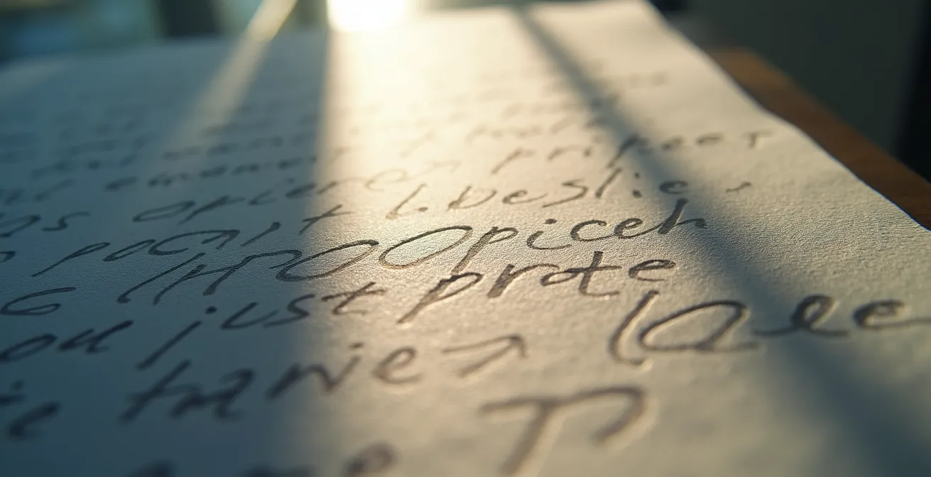 Dettaglio macro di un documento con riflessi e sfocatura che impedisce la lettura OCR