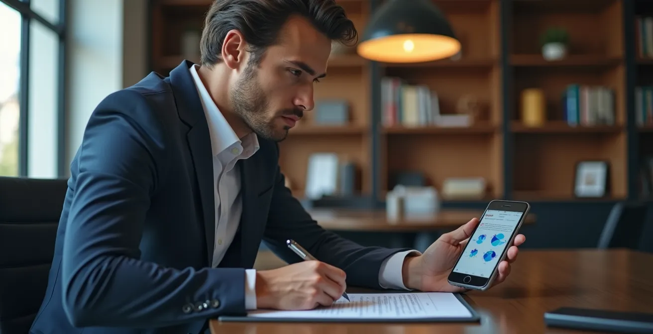 Professionista firma digitalmente un contratto usando tablet e smartphone per autenticazione SPID