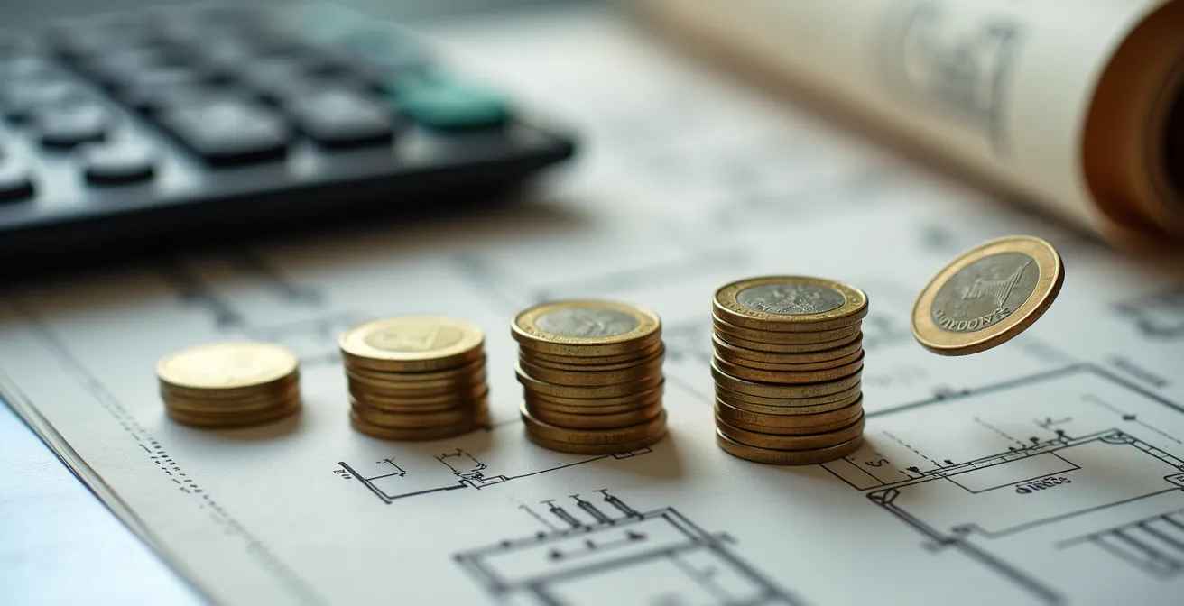 Salvadanaio con monete e calcolatrice per accantonamento spese immobiliari