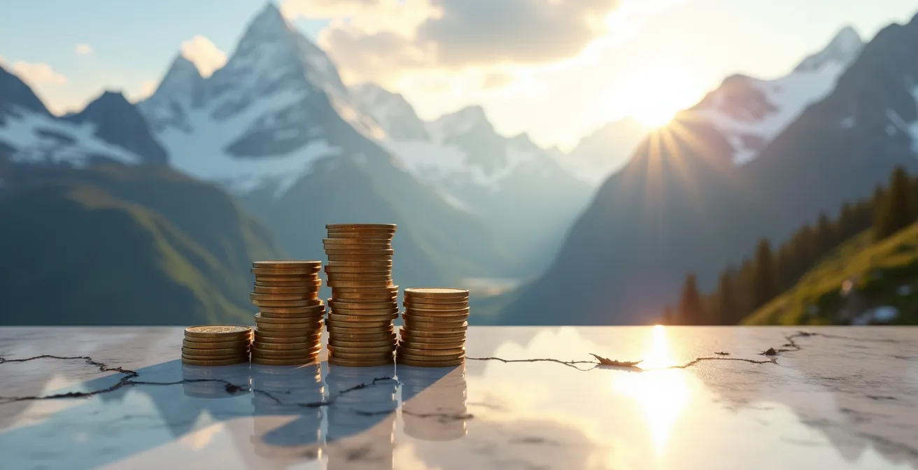 Montagne svizzere con monete del franco svizzero e grafico di correlazione inversa