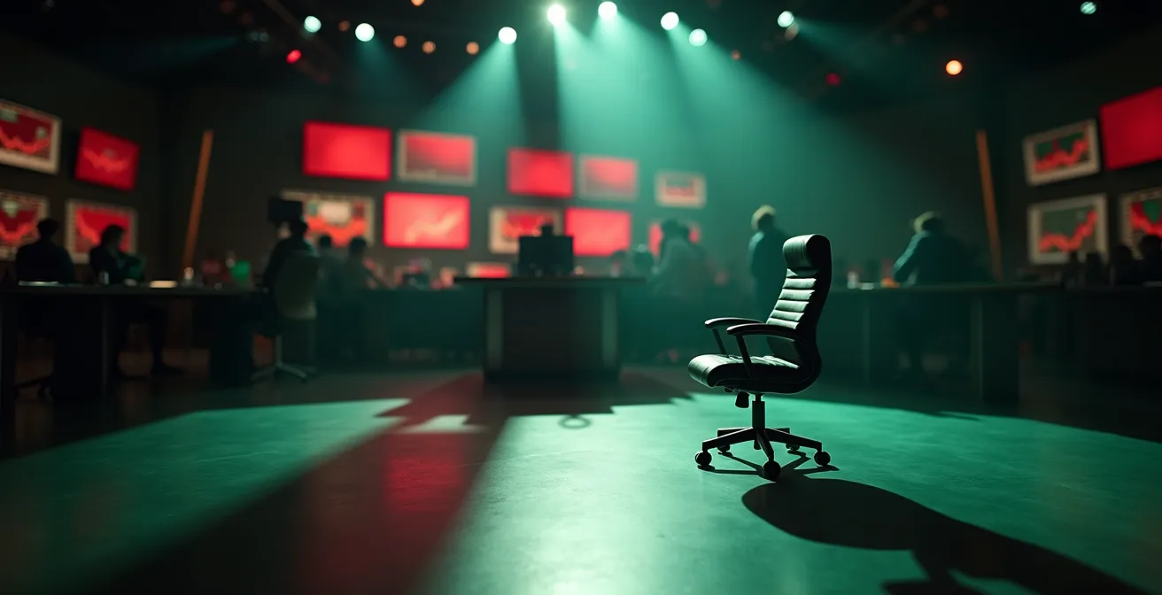 Studio televisivo con grafici di mercato in secondo piano sfocato