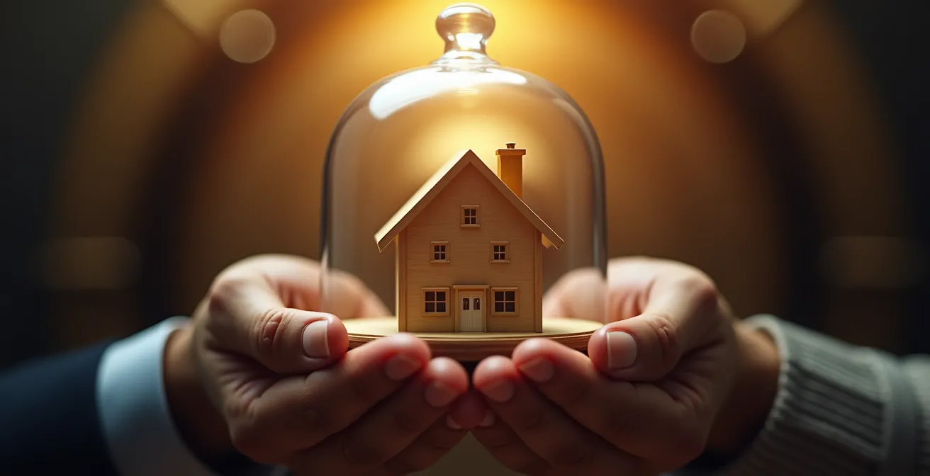 Mani che tengono modellino casa con simbolo scudo protettivo