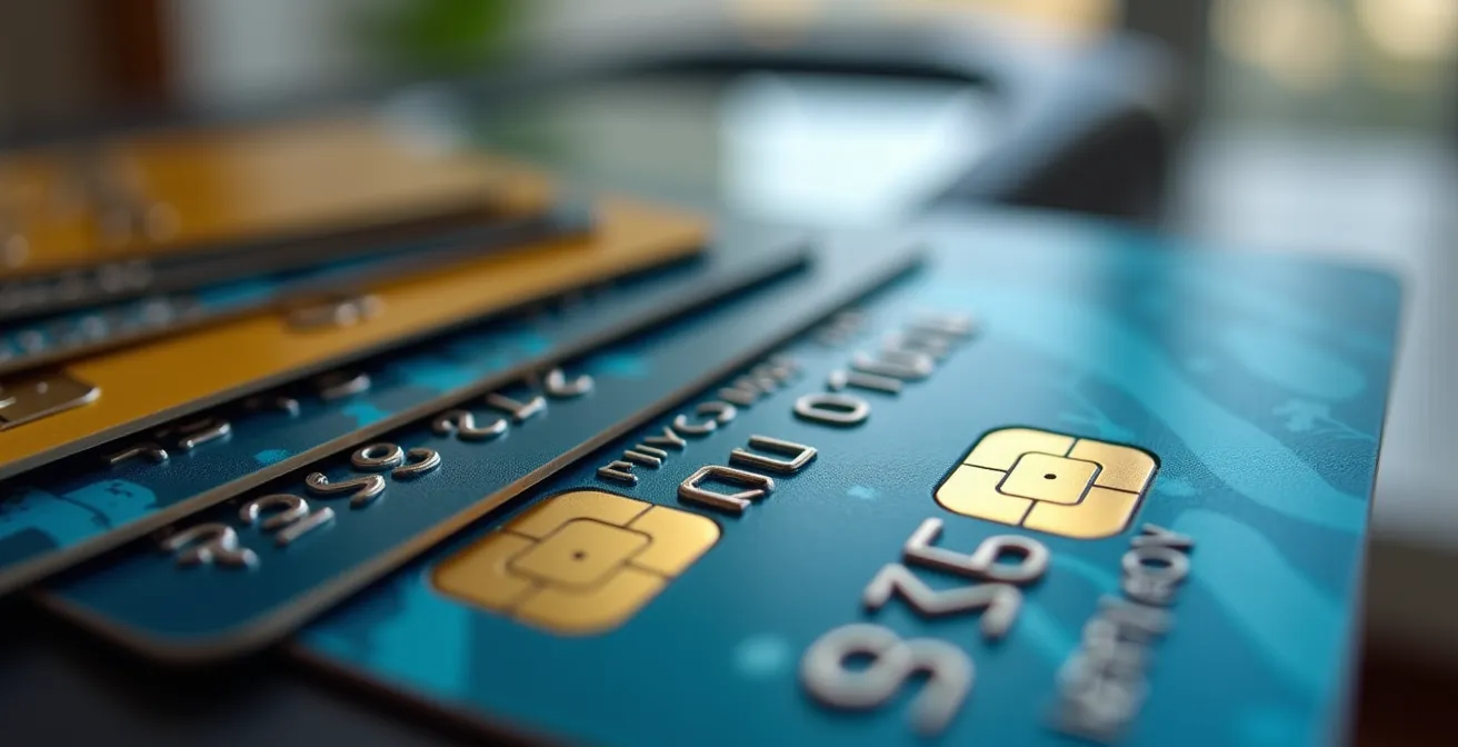 Dettaglio ravvicinato di carte di pagamento e terminale POS per transazioni mediche