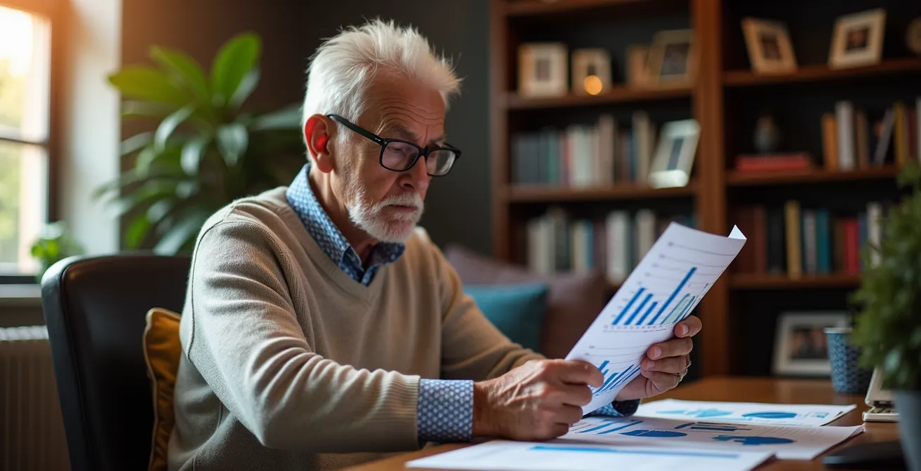 Persona anziana che esamina documenti finanziari con occhiali da lettura in ambiente domestico