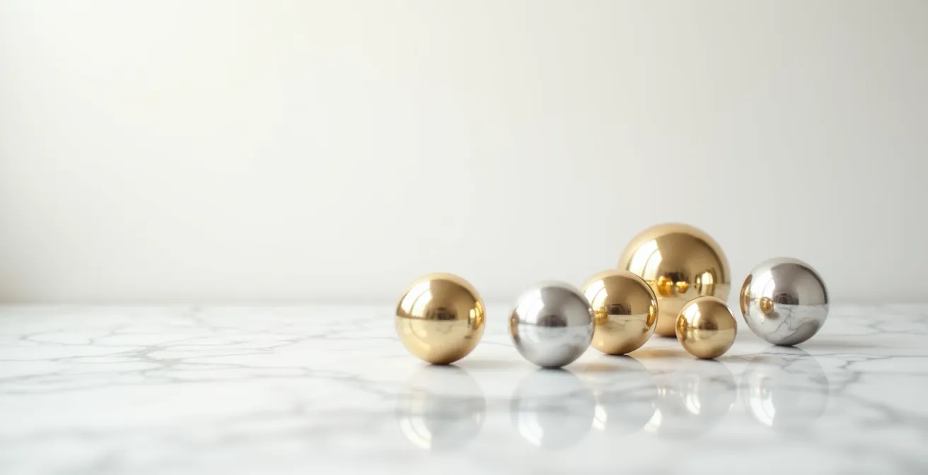 Composizione minimalista di sfere dorate e argentate su superficie riflettente rappresentanti la strategia core-satellite