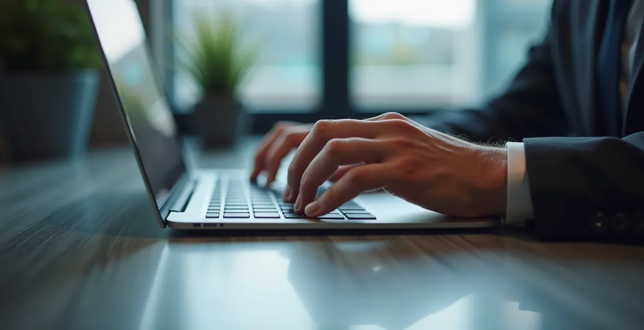 Mano che digita attentamente codice IBAN su tastiera con verifica doppia