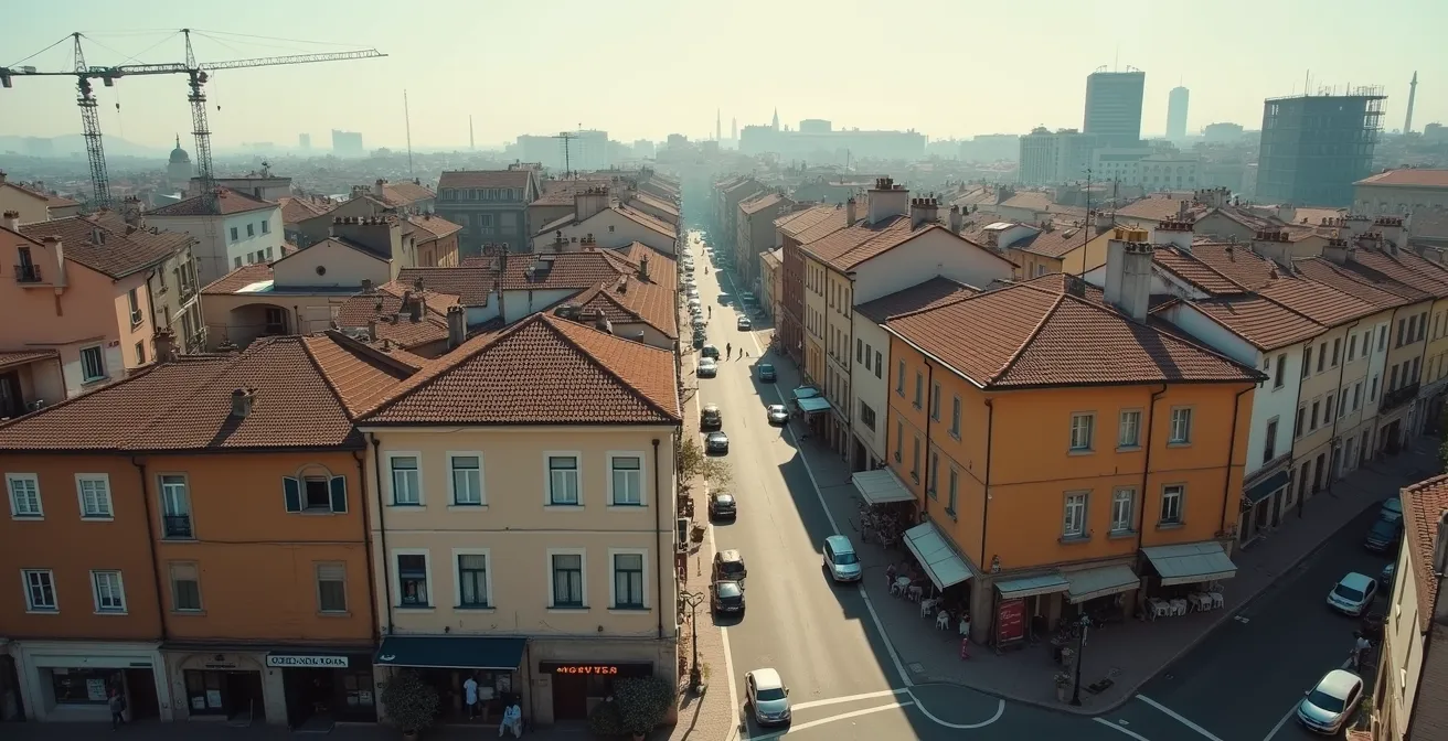 Vista aerea di un quartiere in trasformazione con cantieri e nuove attività commerciali