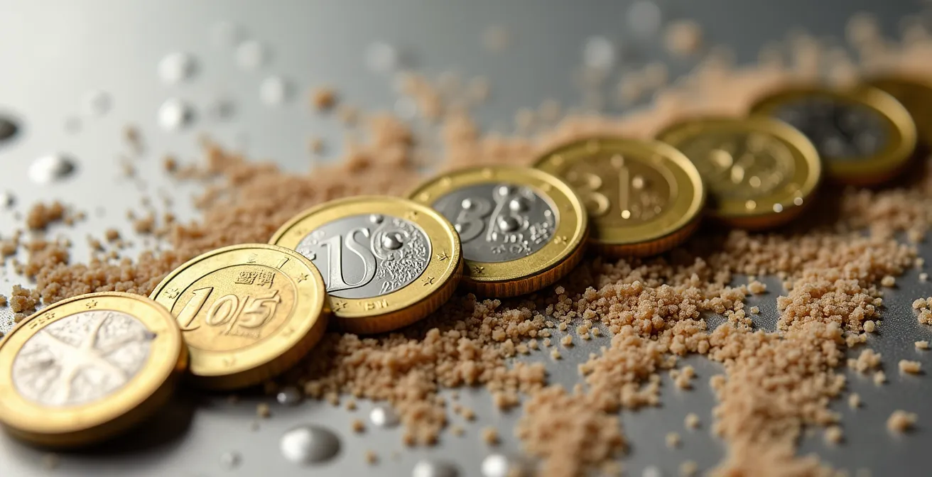 Dettaglio macro di monete che si dissolvono gradualmente rappresentando l'erosione del capitale