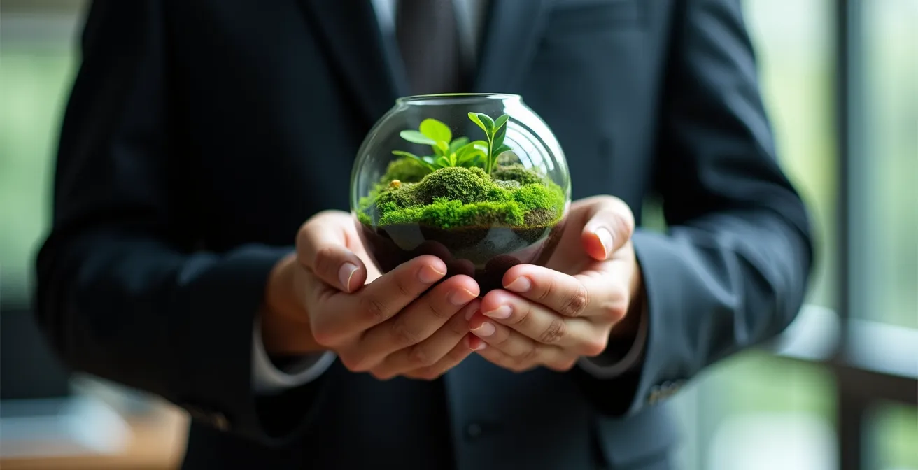 Bilancia della giustizia con elementi naturali che simboleggiano l'equilibrio ESG