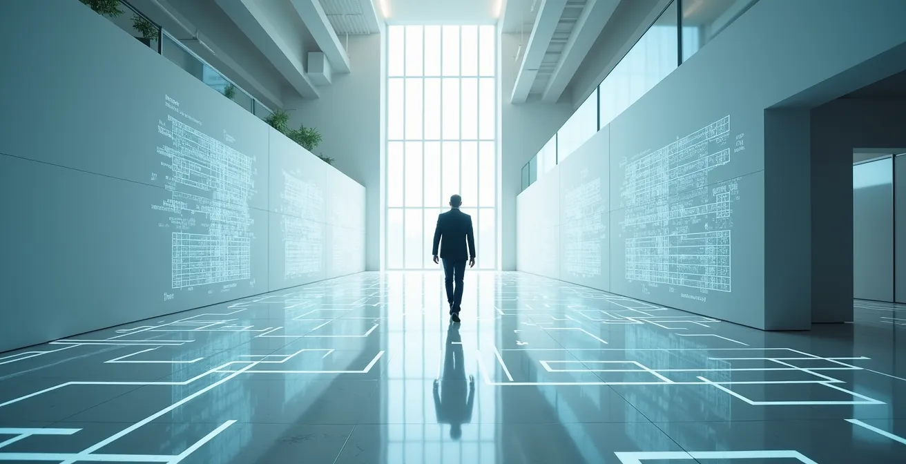 Vista aerea minimalista di ufficio bancario con elementi che suggeriscono controllo e sicurezza