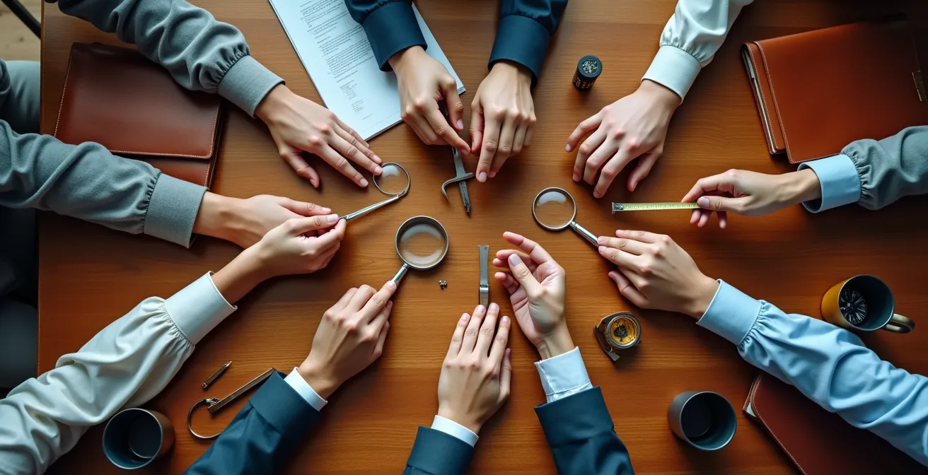 Mani di diversi professionisti specializzati che collaborano su documenti