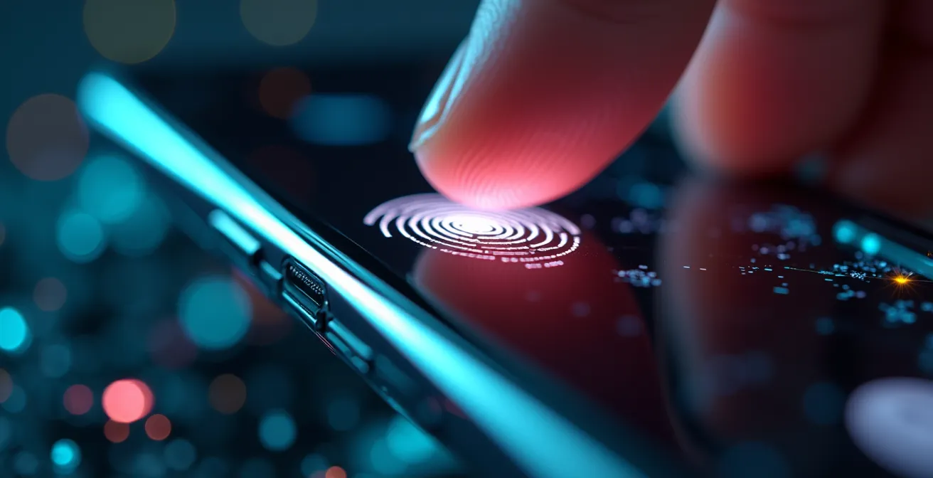 Macro dettaglio di smartphone con sistema di autenticazione biometrica avanzata