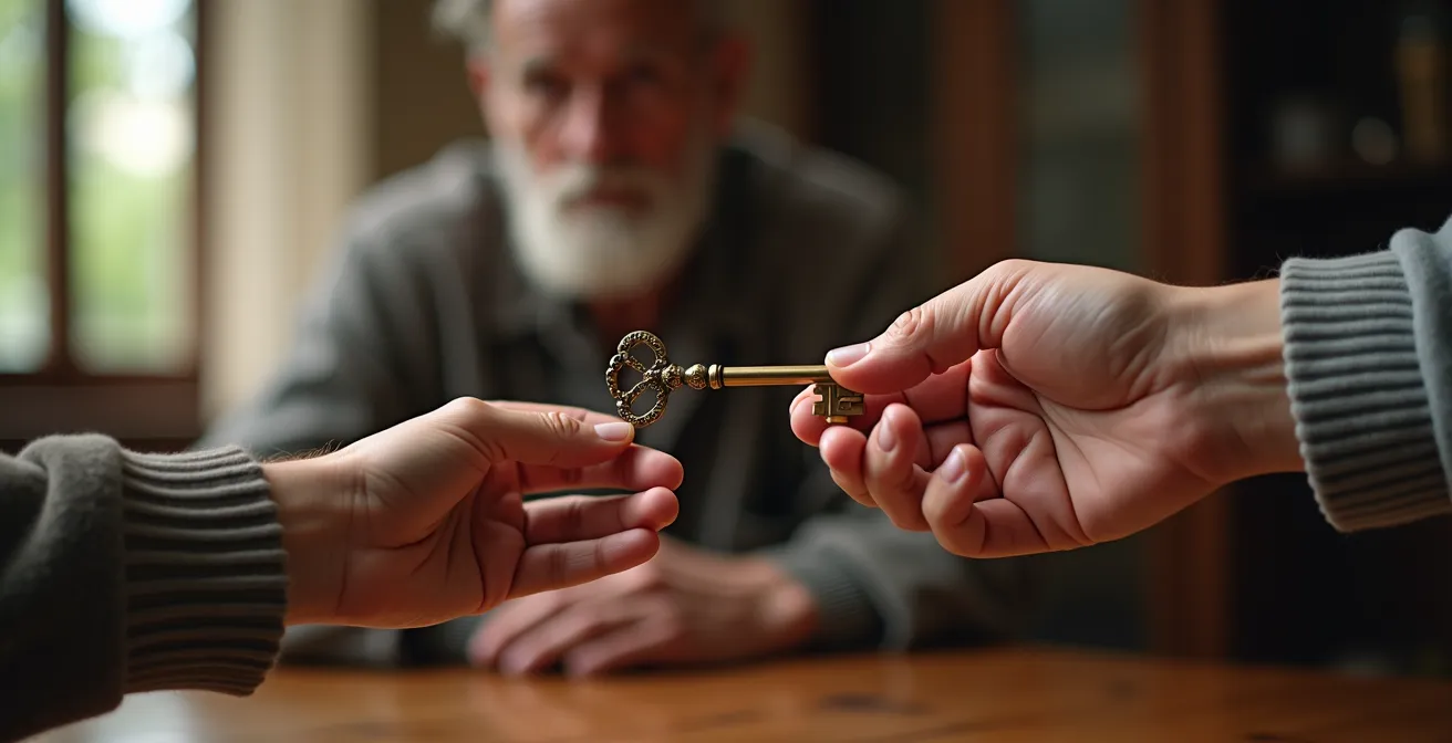 Rappresentazione simbolica del passaggio generazionale di proprietà immobiliare con usufrutto