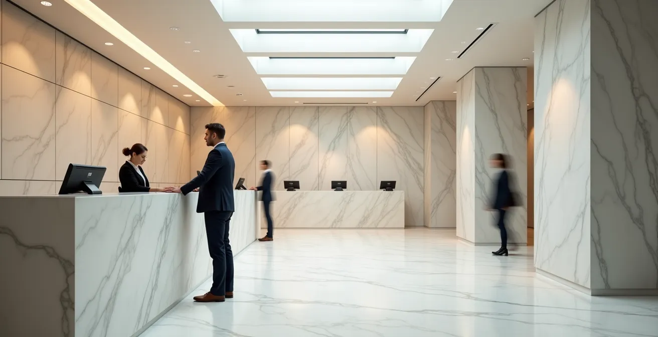 Vista minimalista di interno banca con cassiere e cliente